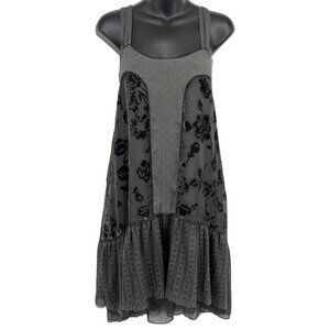 Free People Size 0 Charcoal Floral Velvet Chiffon Patchwork Dress Ruffle New